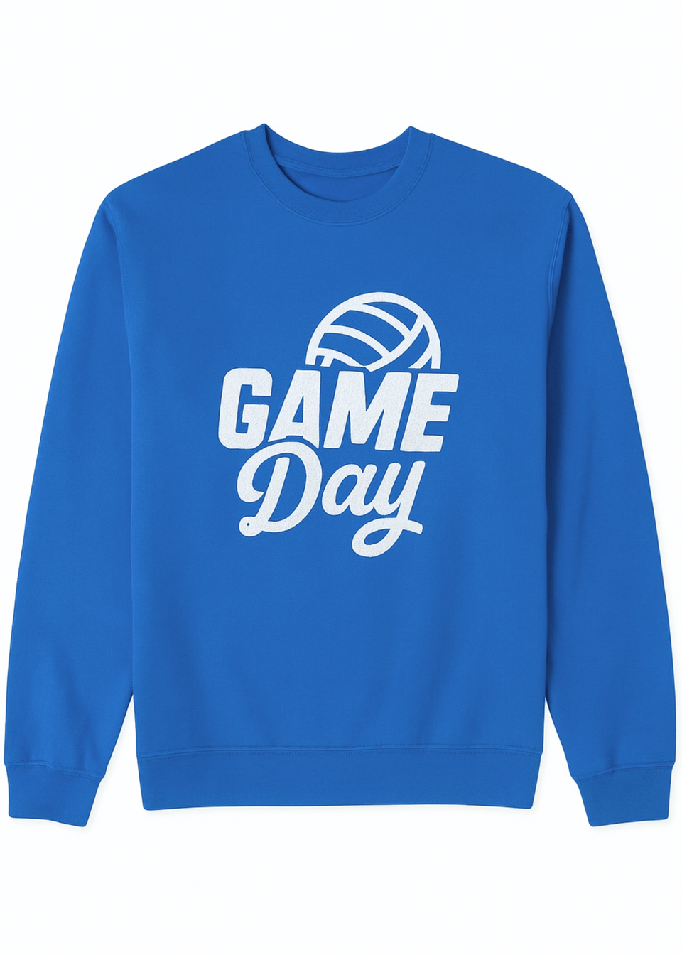 Blue sweatshirt with 'Game Day' and volleyball graphic on a white background
